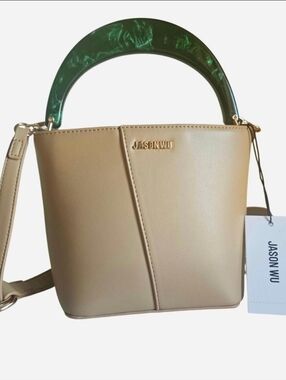 Jason Wu Tan Small Smooth Bucket Tote Bag with Green Acrylic Marbled  Handle NWT